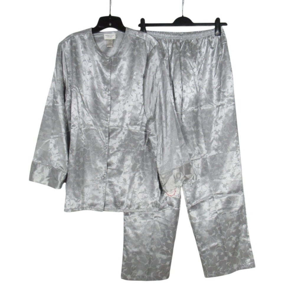 NWT AMANDA STEWART Silver SATIN Button FLORAL PRINT Lounge PAJAMA SHIRT/PANT L